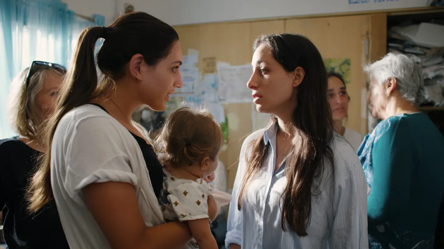 אישה מחזיקה פעוטה ומשוחחת עם אישה נוספת